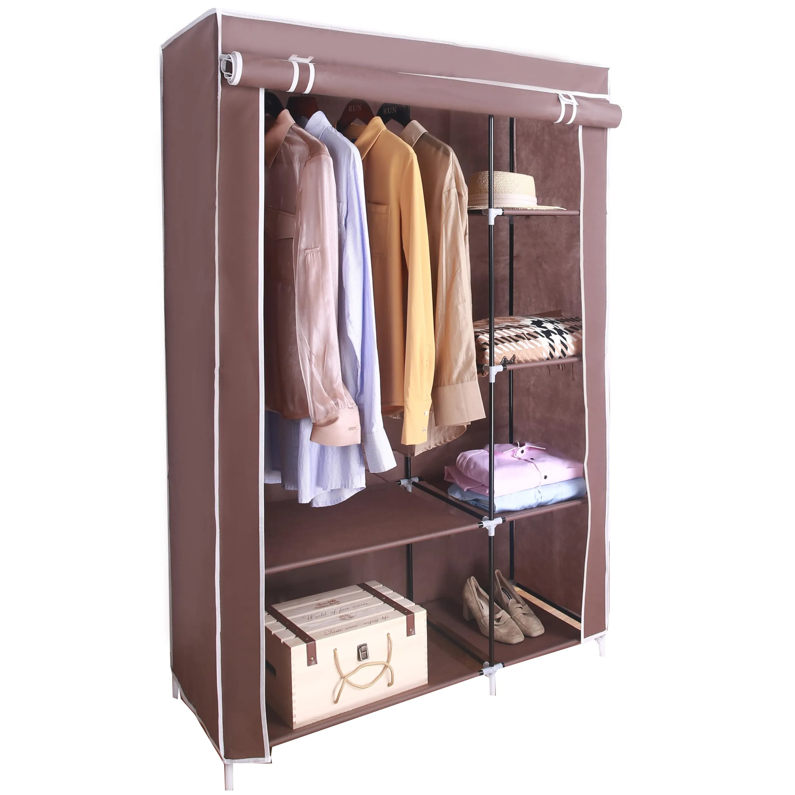 AROME PUR Canvas Wardrobe Organizer Clothes Rail Shelves Storage Closet Double Short (Brown)