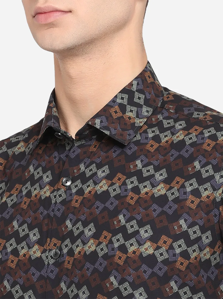 Black & Brown Printed Slim Fit Party Wear Shirt | JB Studio