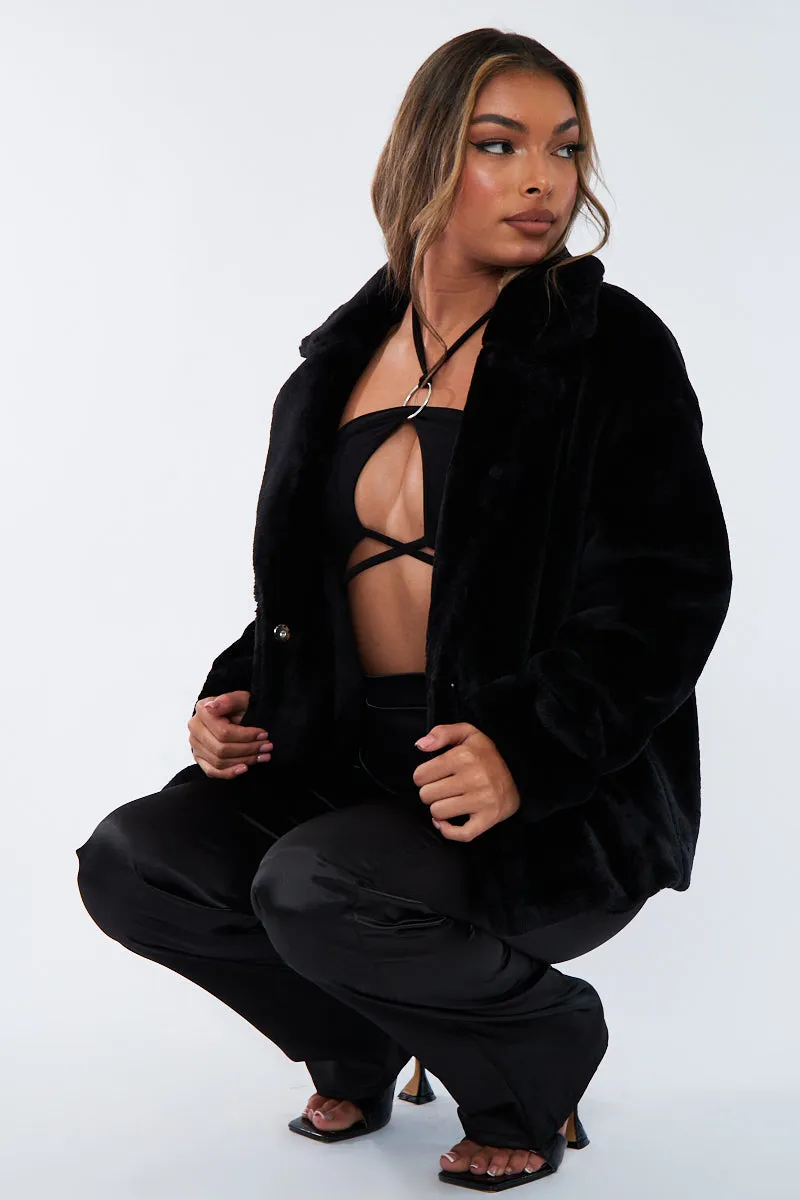 Black Cropped Faux Fur Coat - Janara