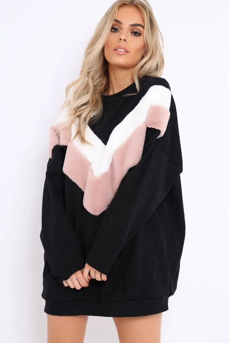 Black with Rose and White Chevron Fur Jumper Dress- Lula