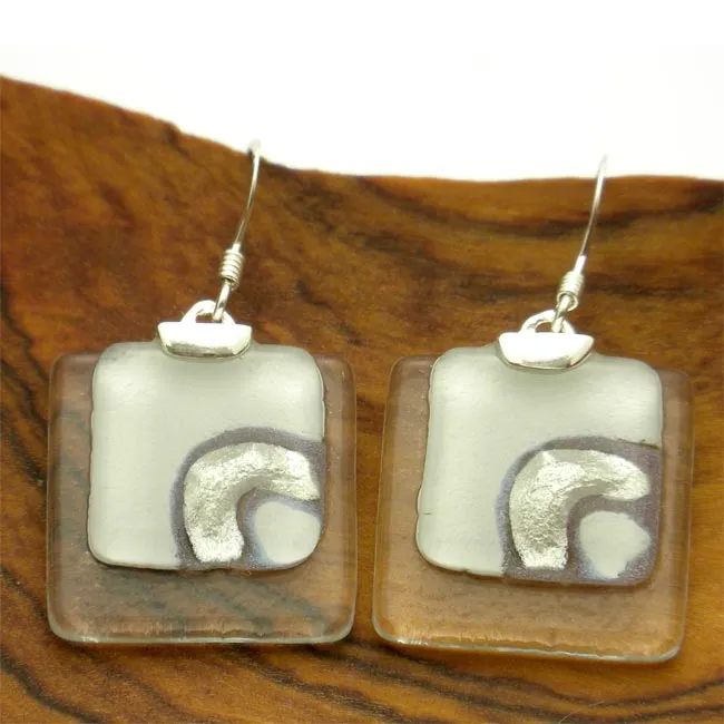 Celestial White Stacked Glass Squares Sterling Silver Earrings