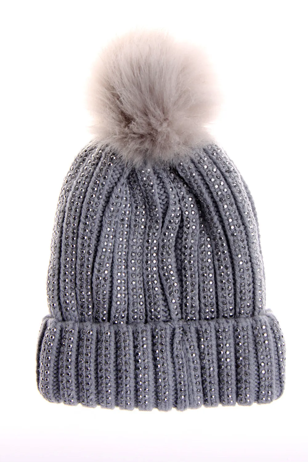 FAUX Fur Bobble Pom Pom Beanie Hat with Rhinestones Gem