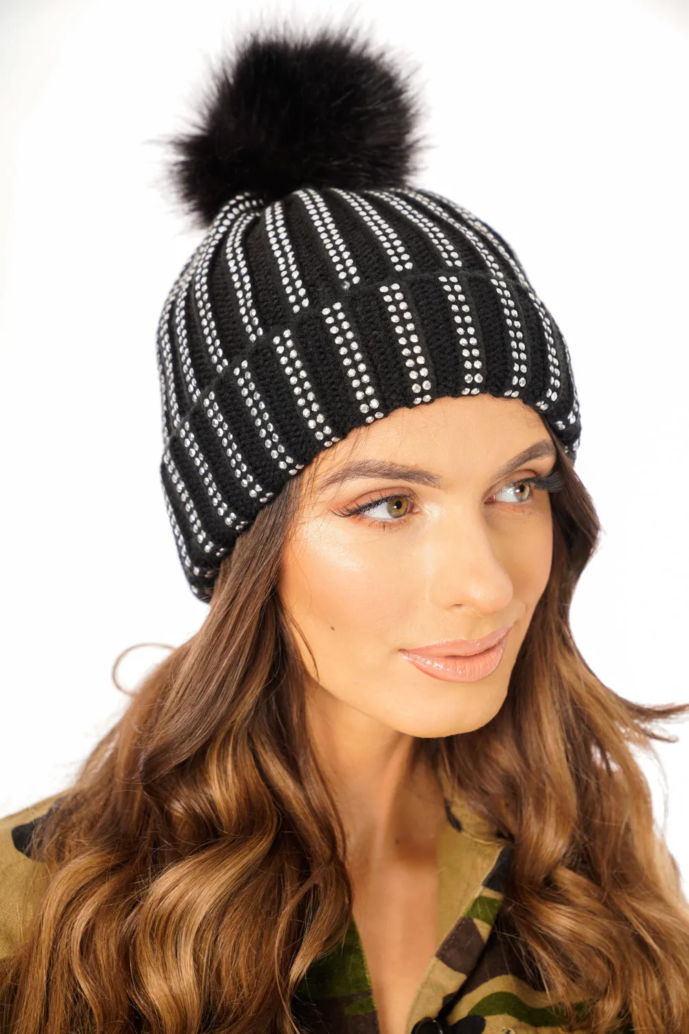 FAUX Fur Bobble Pom Pom Beanie Hat with Rhinestones Gem