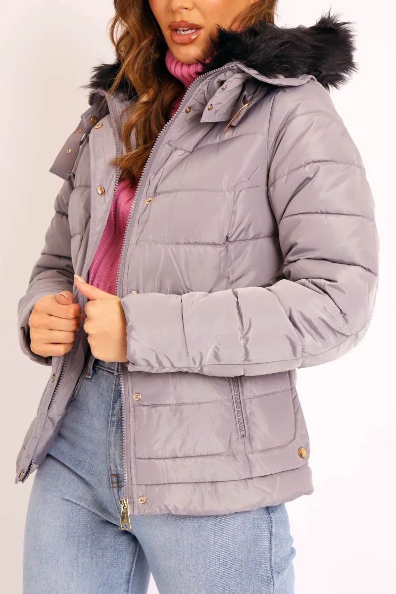 Grey Faux Fur Trim Hood Padded Coat - Jessabelle