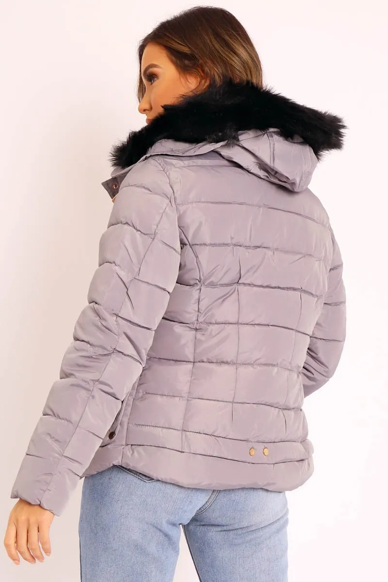 Grey Faux Fur Trim Hood Padded Coat - Jessabelle