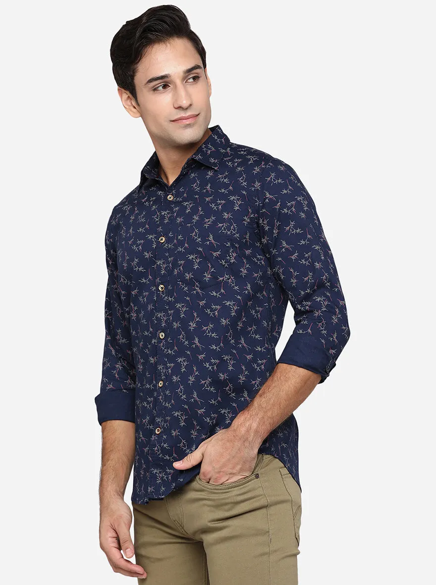 Indigo Blue Printed Slim Fit Semi Casual Shirt | JadeBlue