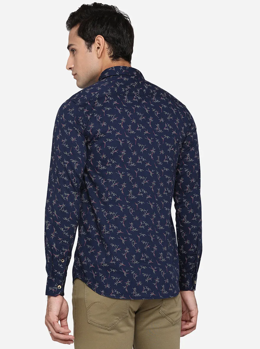 Indigo Blue Printed Slim Fit Semi Casual Shirt | JadeBlue