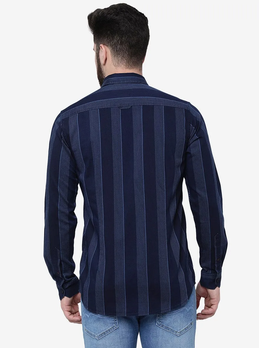 Indigo Blue Striped Slim Fit Casual Shirt | JadeBlue