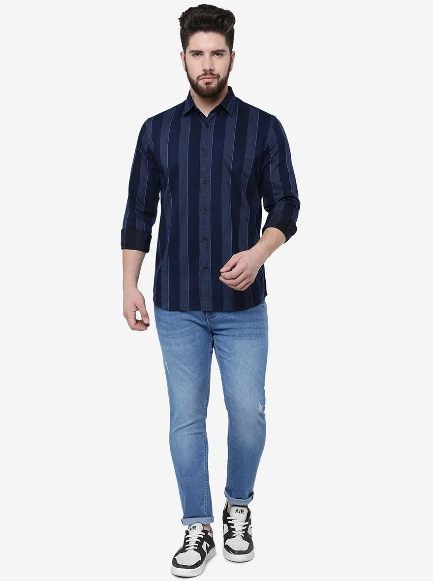 Indigo Blue Striped Slim Fit Casual Shirt | JadeBlue