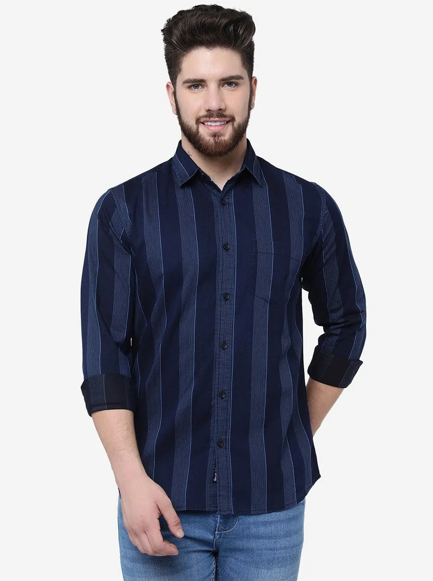 Indigo Blue Striped Slim Fit Casual Shirt | JadeBlue