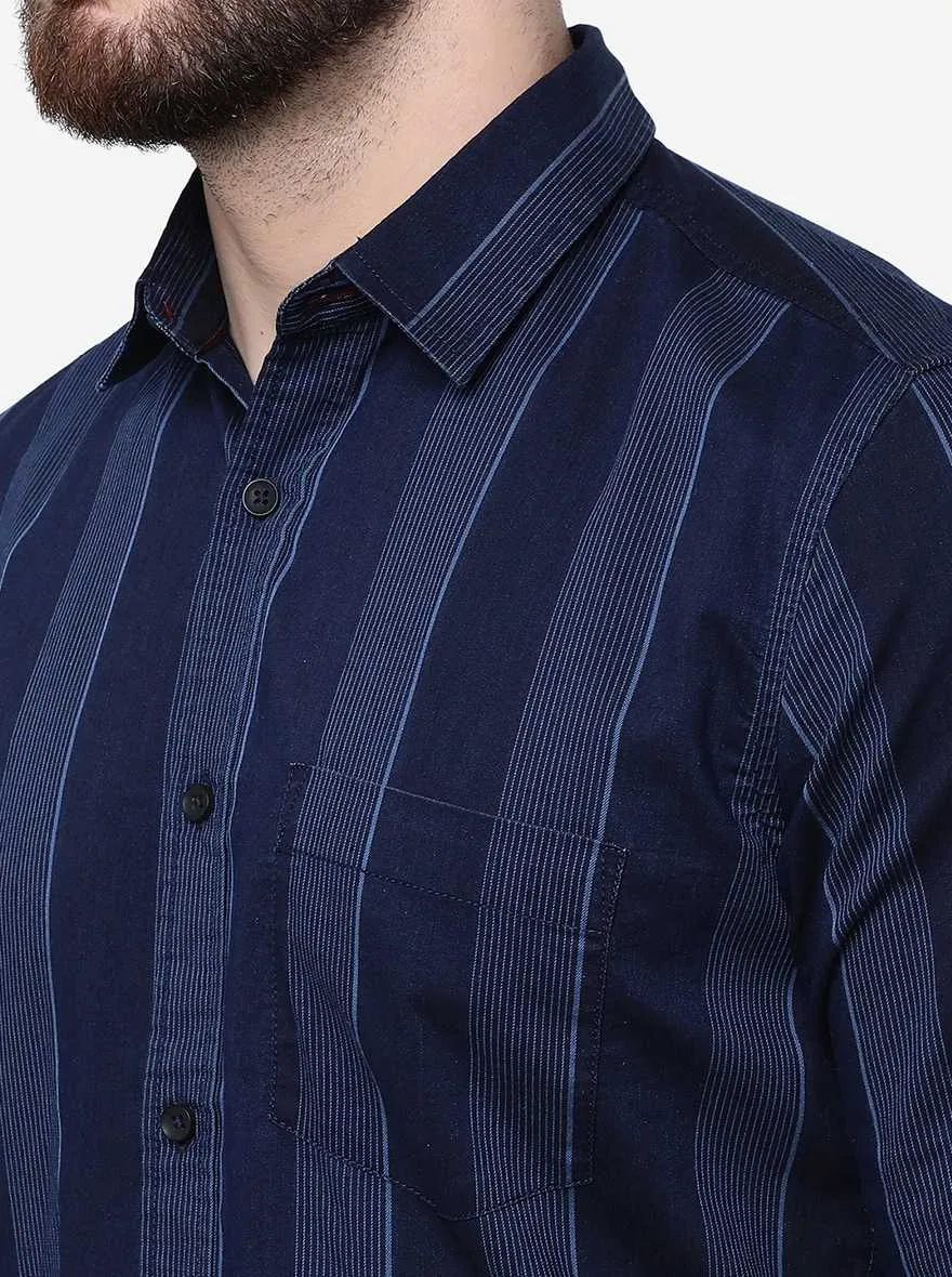 Indigo Blue Striped Slim Fit Casual Shirt | JadeBlue