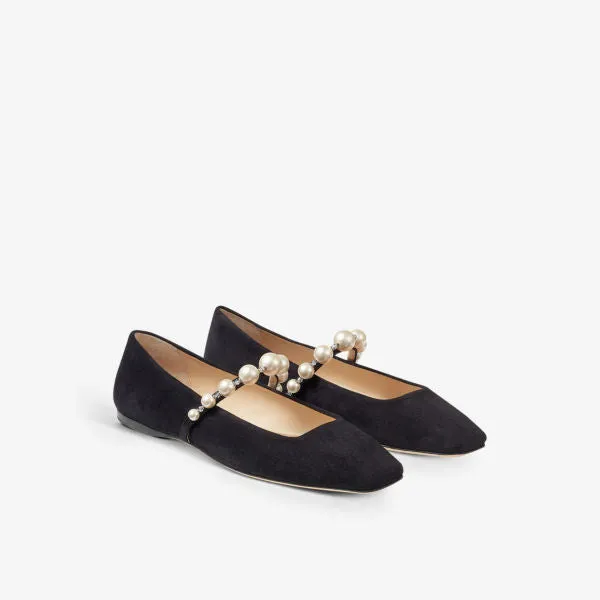 Jimmy Choo Pearl and Crystal Suede Ade Flats, Black