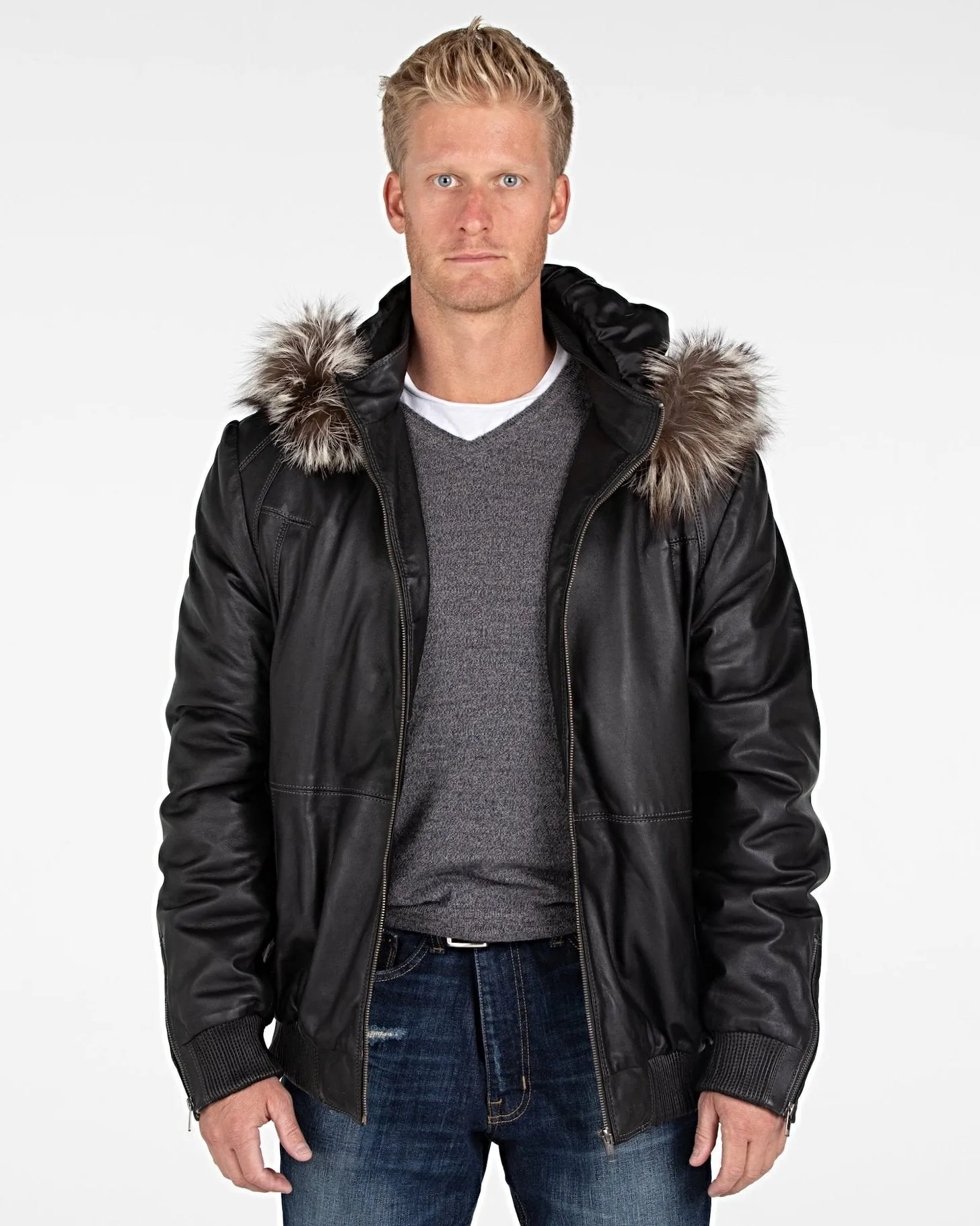 Mens Silver Fox Look Fur Hooded Leather Jacket