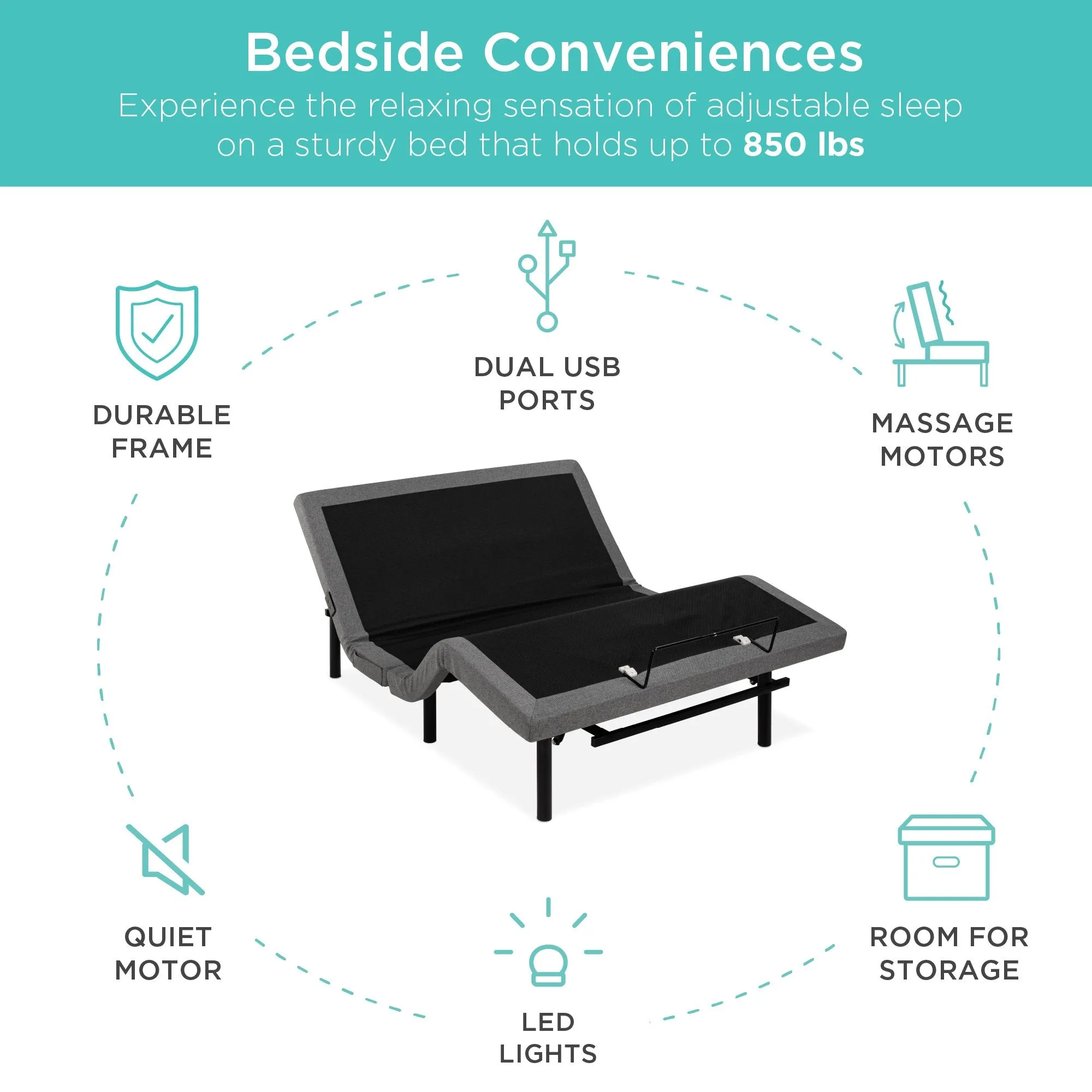 Queen Size Adjustable Bed Base with Massage, Remote Control, and USB