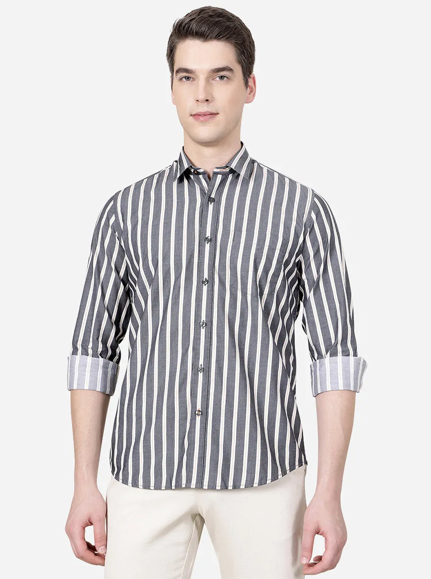 Raven Black Striped Slim Fit Casual Shirt | JadeBlue