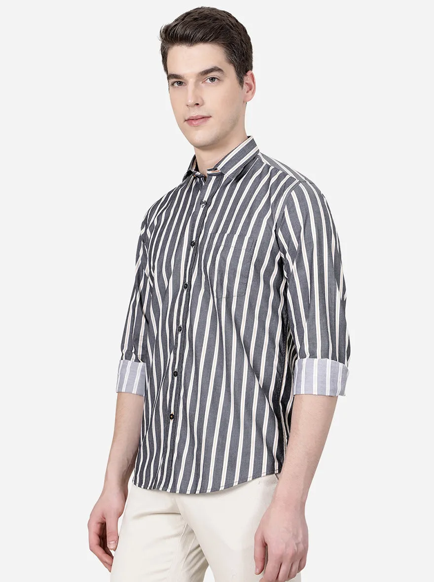 Raven Black Striped Slim Fit Casual Shirt | JadeBlue