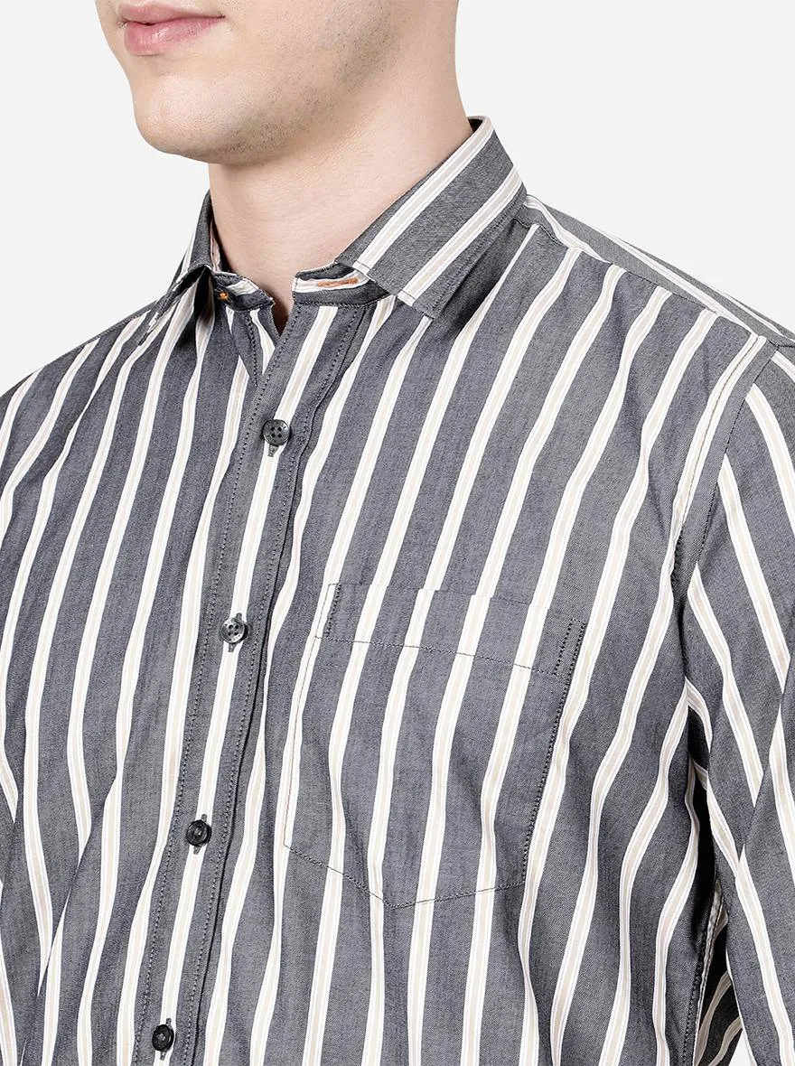 Raven Black Striped Slim Fit Casual Shirt | JadeBlue