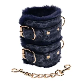 Sex & Mischief Cougar Fur Handcuffs - Navy Blue/Gold Furry Restraints