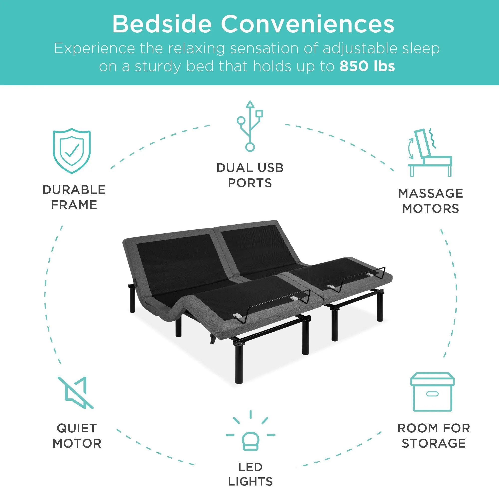 Split King Size Adjustable Bed Base with Massage, Remote, USB Ports